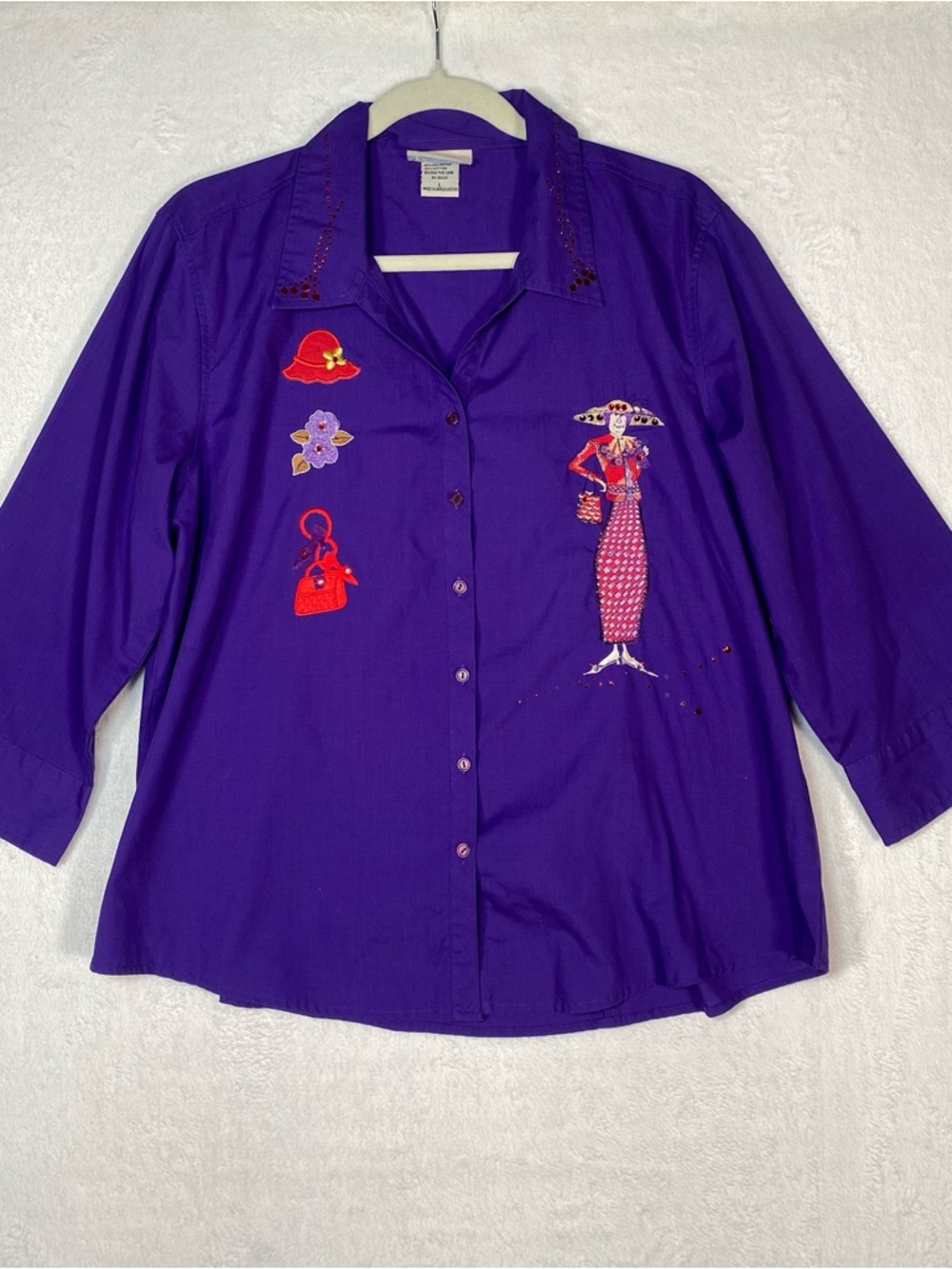 Las Olas Embroidered Button Up Shirt Purple Graphic Fashion Art Maximalist Sz L